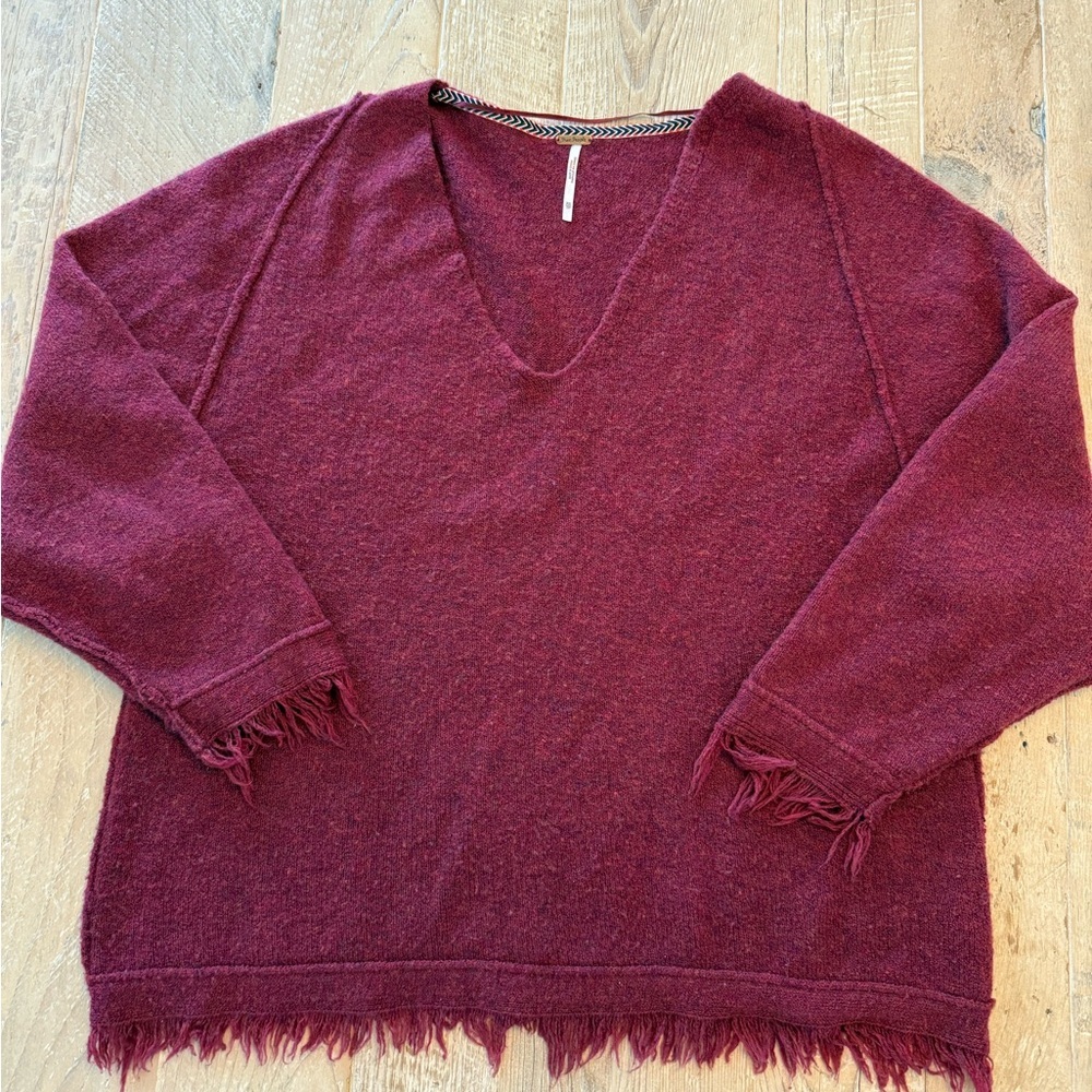 Free People V-Neck Fringe Sweater in Deep Burgundy